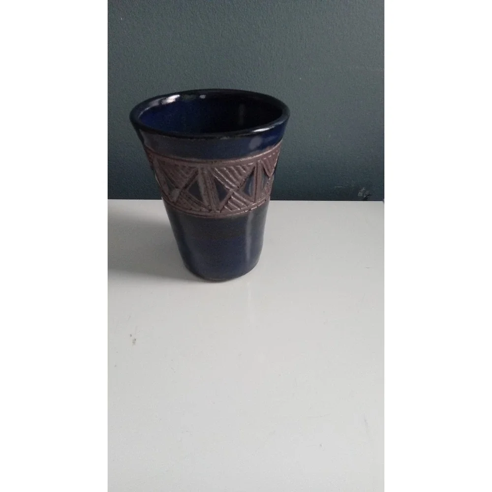 Artisan Pottery Vase Blue‎ Brown Geometric Design Decor Table Vase
